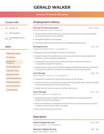 Director Of Clinical Education Resume