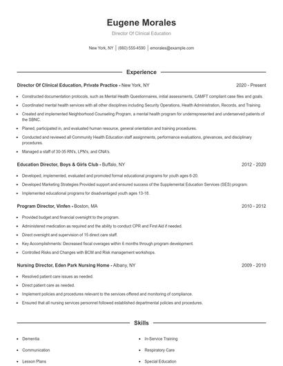 Director Of Clinical Education Resume