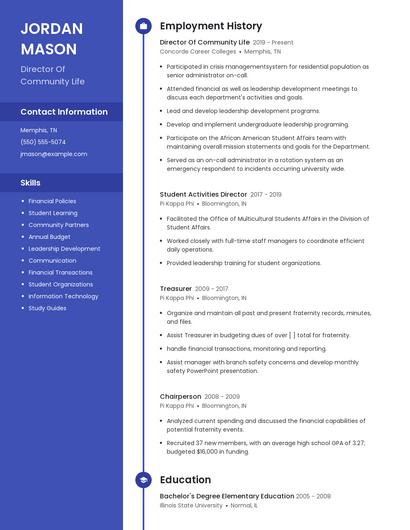 Director Of Community Life Resume