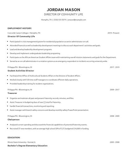 Director Of Community Life Resume