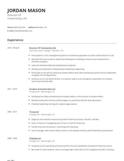 Director Of Community Life Resume