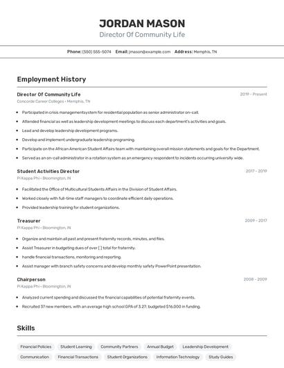 Director Of Community Life Resume
