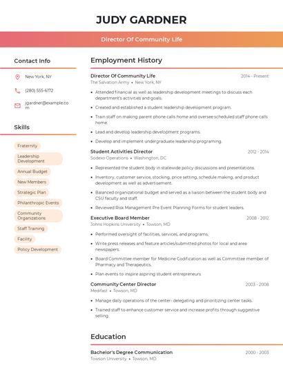 Director Of Community Life Resume