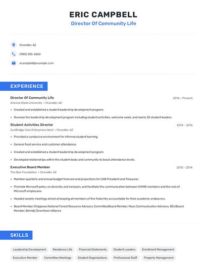 Director Of Community Life Resume