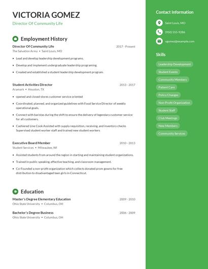 Director Of Community Life Resume