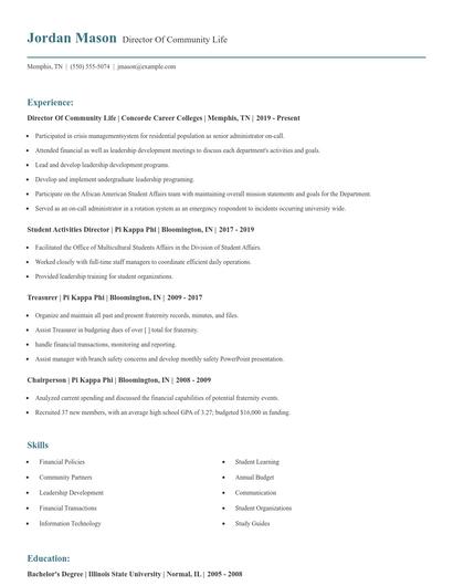 Director Of Community Life Resume