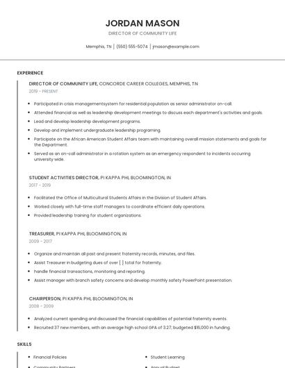 Director Of Community Life Resume
