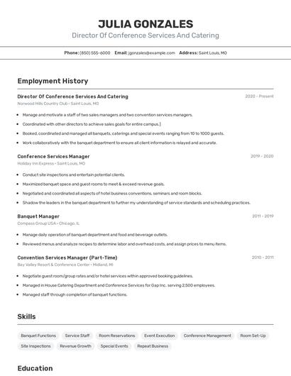 Director Of Conference Services And Catering Resume
