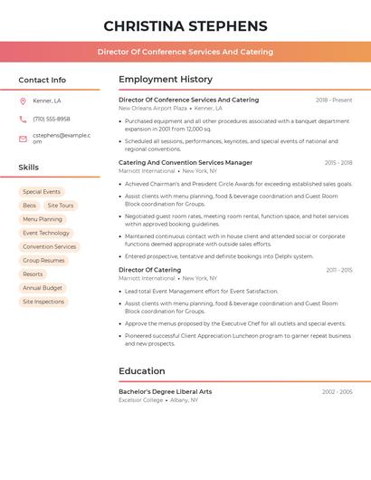 Director Of Conference Services And Catering Resume