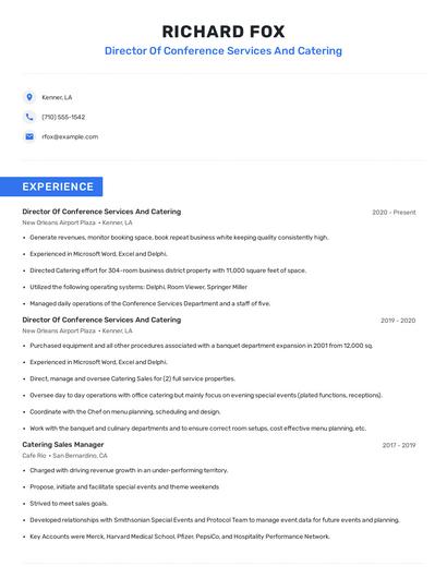 Director Of Conference Services And Catering Resume