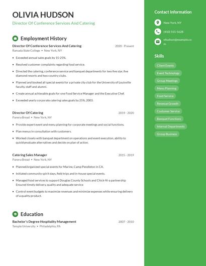 Director Of Conference Services And Catering Resume