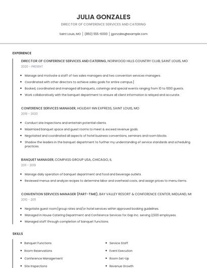 Director Of Conference Services And Catering Resume