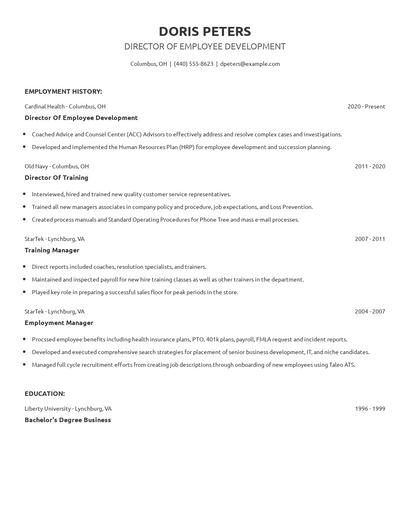 Director Of Employee Development Resume