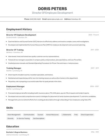 Director Of Employee Development Resume