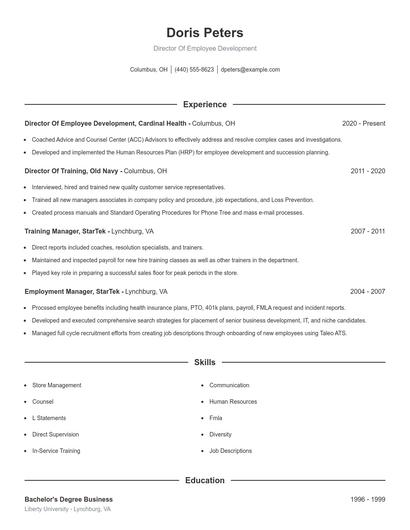 Director Of Employee Development Resume