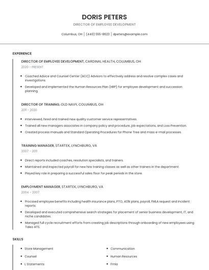 Director Of Employee Development Resume