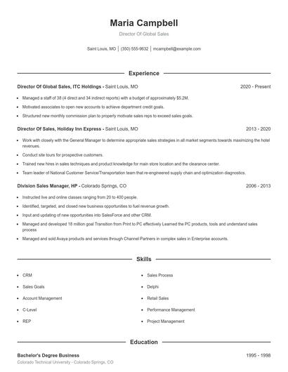 Director Of Global Sales Resume