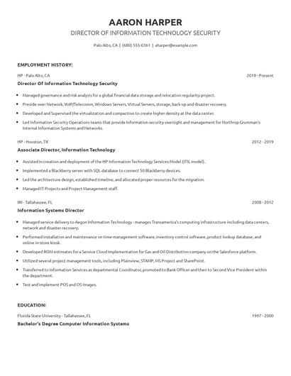 Director Of Information Technology Security Resume