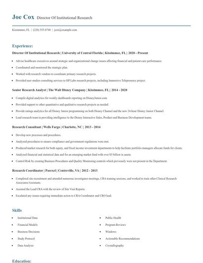 Director Of Institutional Research Resume