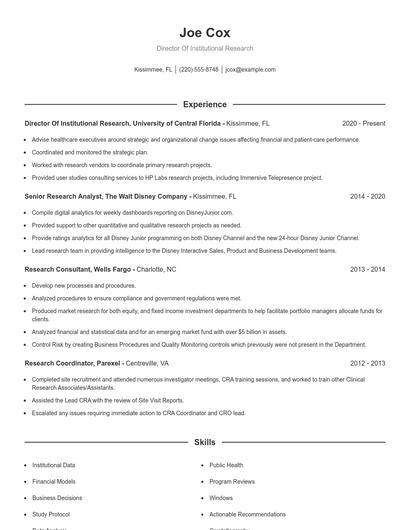 Director Of Institutional Research Resume