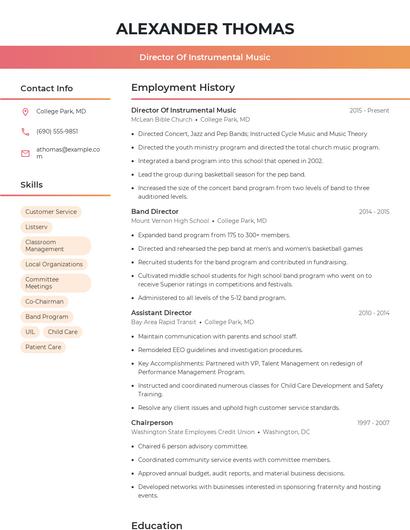 Director Of Instrumental Music Resume