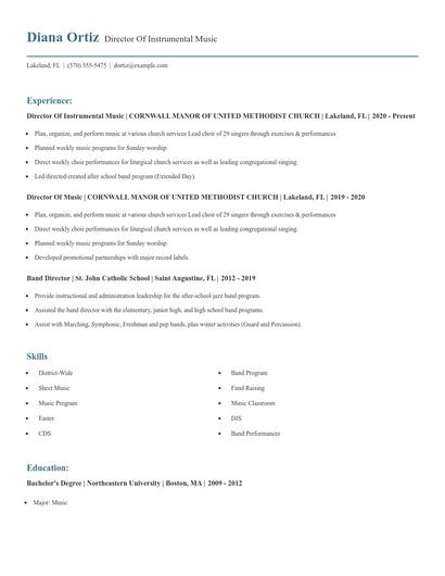 Director Of Instrumental Music Resume