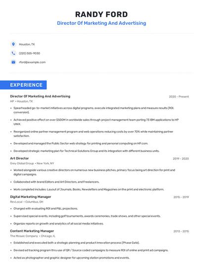 Director Of Marketing And Advertising Resume