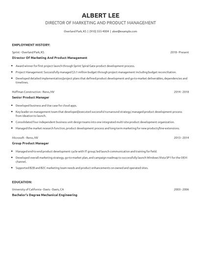 Director Of Marketing And Product Management Resume