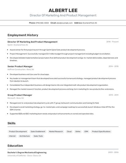 Director Of Marketing And Product Management Resume
