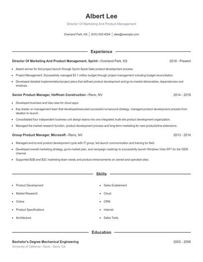 Director Of Marketing And Product Management Resume