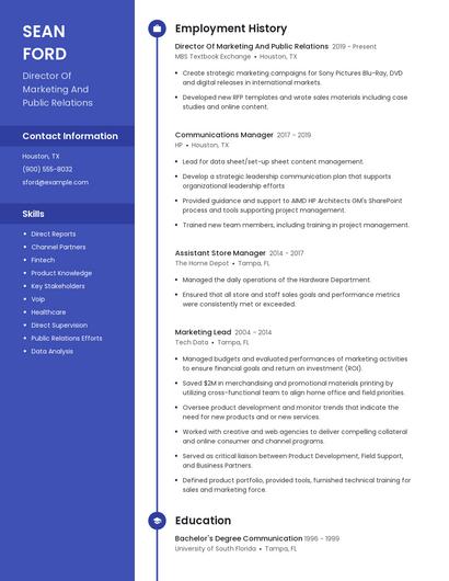 Director Of Marketing And Public Relations Resume