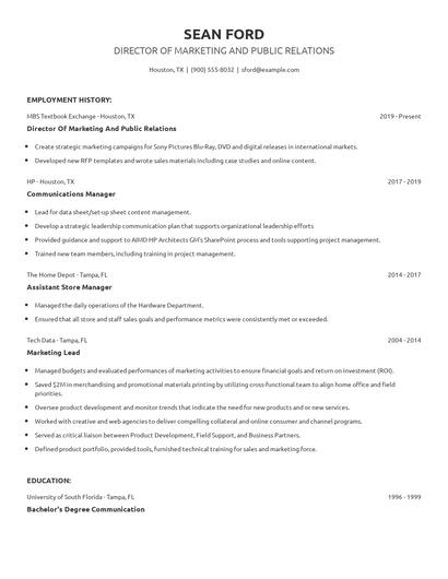 Director Of Marketing And Public Relations Resume
