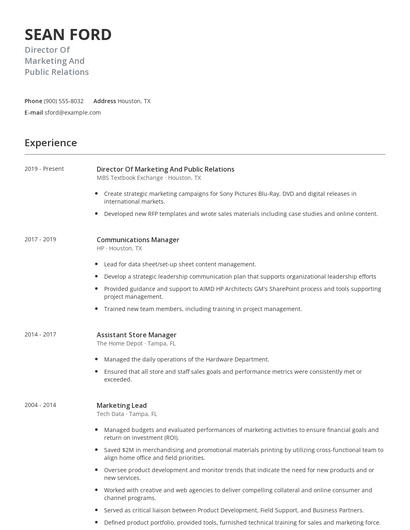 Director Of Marketing And Public Relations Resume