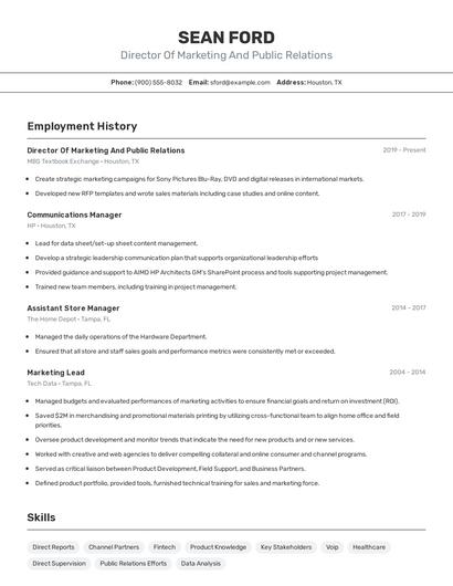 Director Of Marketing And Public Relations Resume