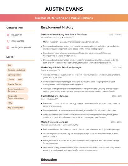 Director Of Marketing And Public Relations Resume