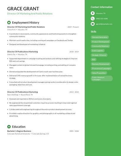 Director Of Marketing And Public Relations Resume