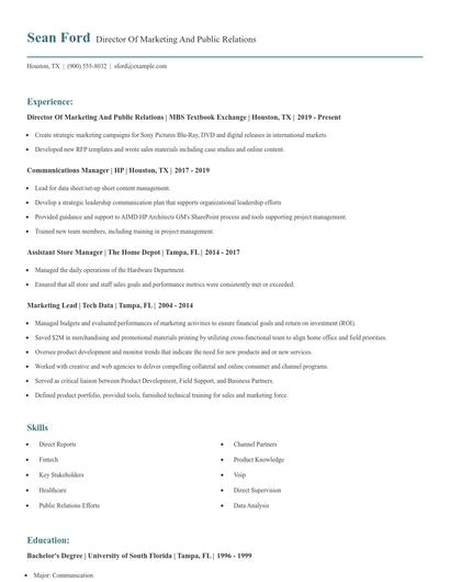Director Of Marketing And Public Relations Resume
