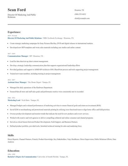 Director Of Marketing And Public Relations Resume