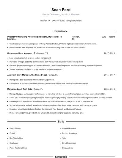 Director Of Marketing And Public Relations Resume