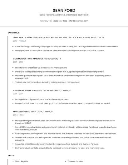 Director Of Marketing And Public Relations Resume