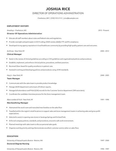 Director Of Operations Administration Resume