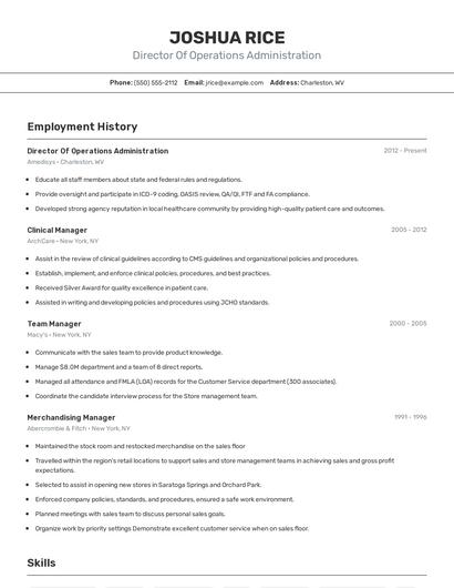 Director Of Operations Administration Resume