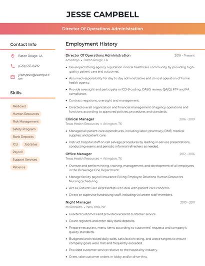 Director Of Operations Administration Resume