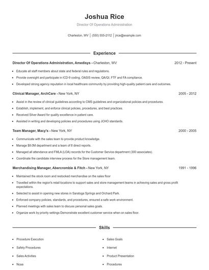 Director Of Operations Administration Resume
