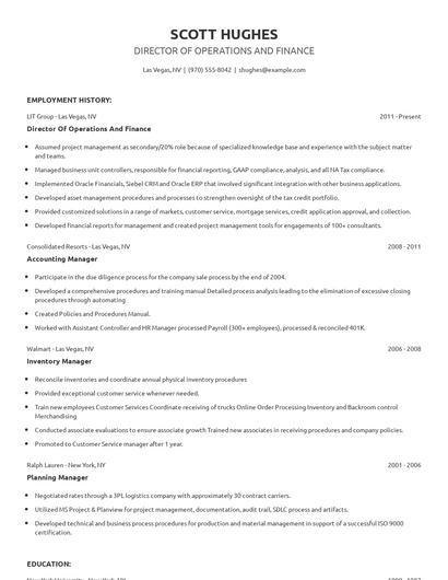 Director Of Operations And Finance Resume