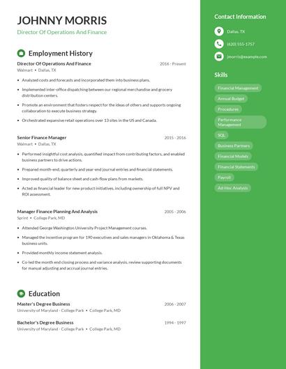 Director Of Operations And Finance Resume