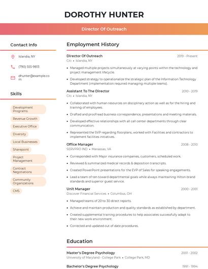 Director Of Outreach Resume