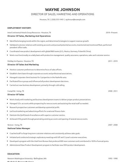Director Of Sales, Marketing And Operations Resume