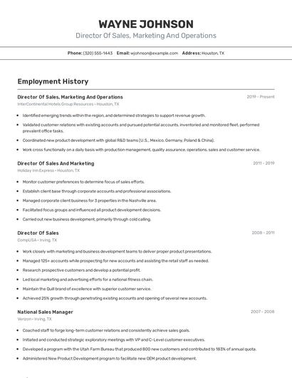 Director Of Sales, Marketing And Operations Resume