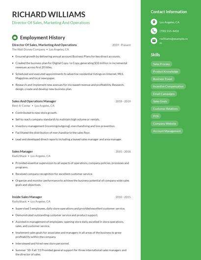 Director Of Sales, Marketing And Operations Resume